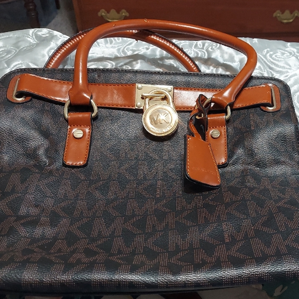 Michael Kors Dark Brown Logo Satchel with Cognac Trim and Gold Hardware